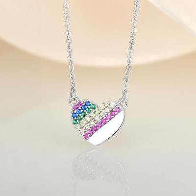 China New Fashion Trendy Rainbow CZ Heart Big Valentine's Day Pendant Necklace With Non-matching Stone Setting Charm Necklaces For Women for sale