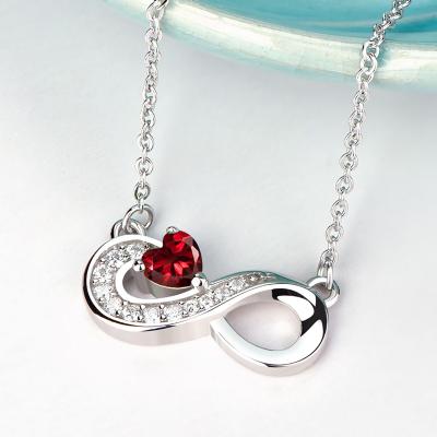 China Simple Sterling Silver Infinity Pendant Necklace Anti Tarnish Wholesale Jewelry 925 Rhodium Plated With Red Heart Corundum For Mother Women for sale