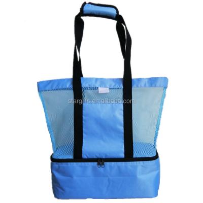 China Picnic Cooler Mesh Polyester Wine Water Bottle Cooler Cans Tote Beach Bag With Insulated Cooler Compartment for sale