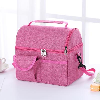 China Hot Selling Custom Size Waterproof Lunch Bag Pink 600D Polyester Nylon Double Compartment Cooler Bag With Handle for sale