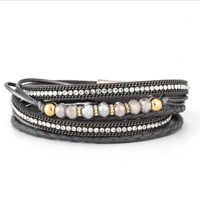 China Glass Magnet Closure Bracelet Women And Multi Layer Crystal Snake Charm Leather Bracelet With Magnetic Clasp for sale