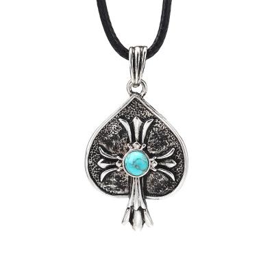 China Vintage Leather Cross+heart Rope Antique Silver Plated Turquoise Paved Cross Alloy Heart Pendant Necklace for sale