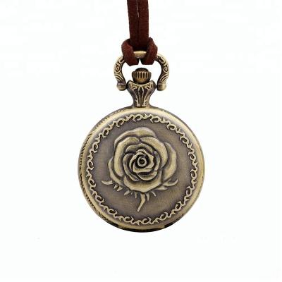 China Antique Rose Design Round Pendant Pocket Genuine Leather Bronze Watch Retro Rope Antique for sale