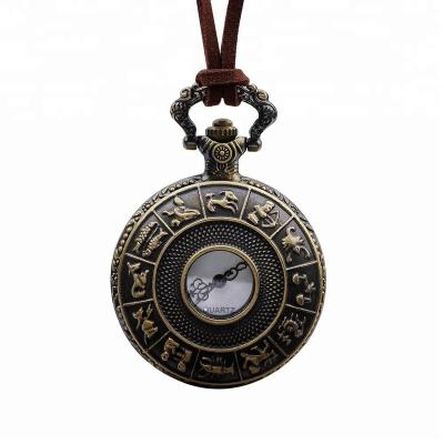 China Vintage Antique Antique Bronze Leather Cord 12 Constellations Zodiacs Pendant Pocket Watches For Women Men for sale