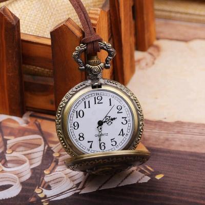 China Rose Flower Embossed Retro Pocket Antique Leather Watch Rope Vintage Pendant Necklace For Women Men for sale