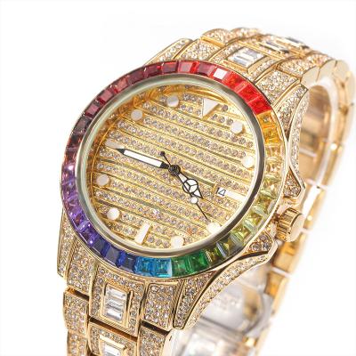 China Date Personality Bling Bling Automatic Unique Design Glazed Outlet Colored Diamonds Stainless Steel Quartz Watches for sale