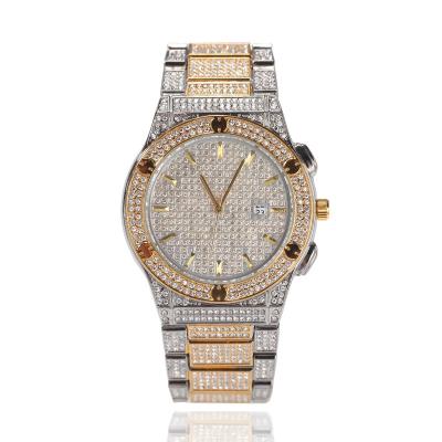 China Newest Hot Selling Automatic Date Men's Bling Bling Iced Out Two Color Hip Hop Stainless Steel Quartz Watches for sale