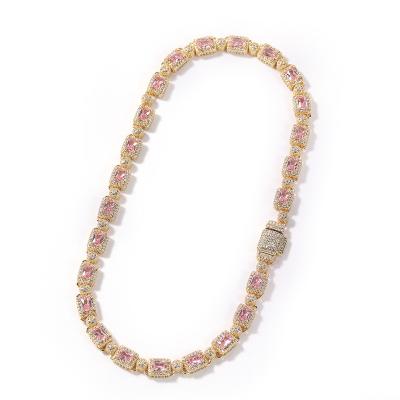 China The Most Hiphop Product Coat Jewelry Two Color Iced Out Bling Bling Pink Zircon Square Chain Necklace for sale