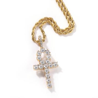 China Custom High End Hiphop Hip Hop Jewelry Iced Out Bling Bling Zircon Ankh Cross Pendant Necklace for sale