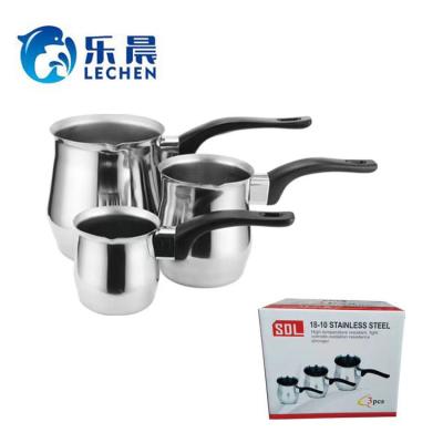 China Sustainable 201 3pcs Set Stainless Steel Arabic Milk Coffee Cup Small Coffee Pot Coffee Heater With Handle for sale