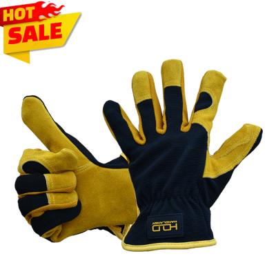 China Mechanics Glove HANDLANDY Breathable Dexterity Cowhide Leather Palm Gardening Truck Driving Safety Hand Working Leather Gloves for sale