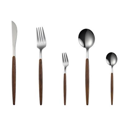 China Viable Gold Handle Silver Wood Flat Dinnerware Set 430 Stainless Steel Tableware Knife Fork Spoon Tableware Dishwasher Safe Cutlery for sale