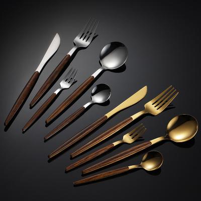 China Viable Stainless Steel Wooden Cutlery Set Handle Flatware Set Wooden Knife Fork Spoon, Kitchen Utensil Service for 5, Mirror Polished for sale