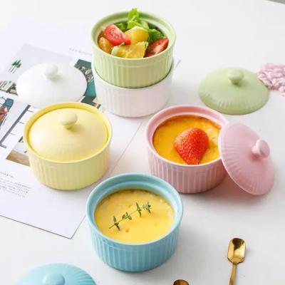 China Oven Safe Ceramic Creamer Bowls With Lid Ceramic Cake Pudding Dessert Bowl For Restaurant Wedding for sale