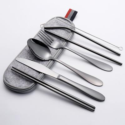 China 304 Stainless Steel Tableware Straw Chopsticks Western Food 410 Knife Fork Soup Spoon Viable Portable Combination 7 Piece Set for sale