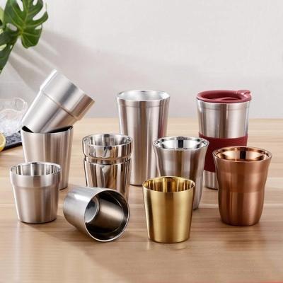 China Viable Korean Style Gold Diamond Pattern Rinse Straight Cup 304 Stainless Steel Hammer Pattern Beer Mug Double Layer Restaurant Tea Cup for sale