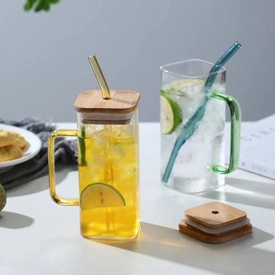 China Squaretumblers Colorful Borosilicate Handle Cold Cups Sustainable Glass Clear Beer Mug With Bamboo Lids And Straw for sale