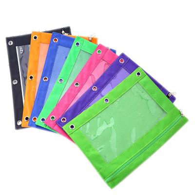 China Schools & Offices Three-hole Pencil Bag Clear Oxford Cloth Window Stationery Bags Office Phone Pocket Pencil Case Zippered Binder for sale