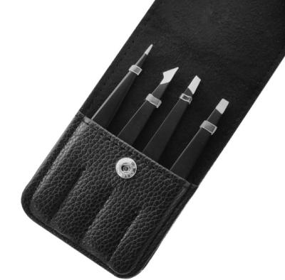 China Classic Eyebrow Eyebrow Tools 4 Pcs Black Stainless Steel Eyebrow Tweezers Set With Leather Bag for sale