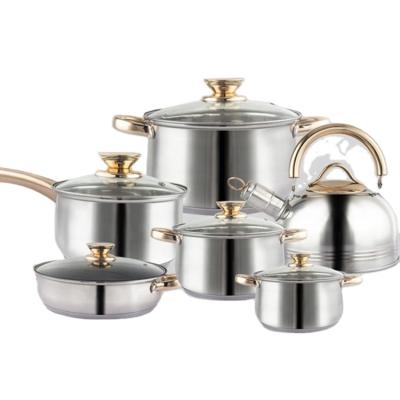 China 12pcs Stainless Steel Cookware Viable Cooking Pots and Pans Sets Wok Pan Metal Logo OEM Pots Cover Gouache Custom Safe Handle for sale