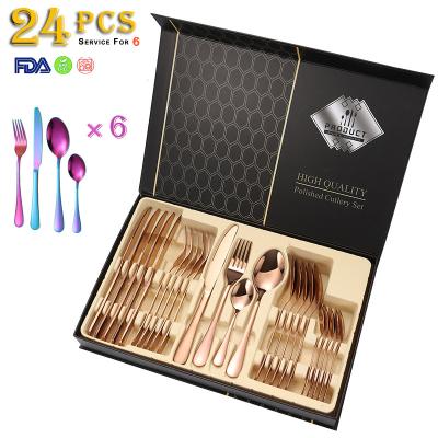 China Gift Box Sustainable Kitchen 24 PCS Stainless Steel Gold Dinnerware Portable Flatware Set Forks And Spoons for sale