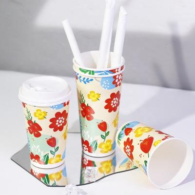 China Disposable Flower 20oz 700ml Disposable Paper Cup Small MOQ Single Wall Custom Print Take Away Ice Boba Tea Coffee Hot Cold Drink with Lid for sale