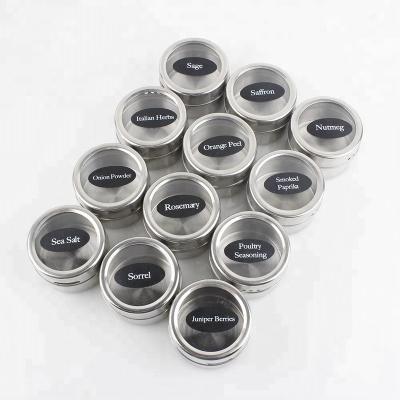 China Sustainable Magnetic Spice Tins 12 Pcs , Stainless Steel Spice Jar Containers With Labels Wall Base On Fridge for sale