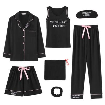 China Wholesale Women Thermal Pajamas Black Pink Winter Women 5 Piece Pajama Satin Set Women Summer Cotton Sleepwear Pijamas for sale