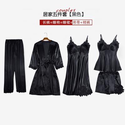 China Summer Spring Homewear Elegant Women Sleepwear 5 PC Breathable Satin Ice Silk Long Robe Set Plus Size Nightgown Pajamas Set With Chest Pads for sale