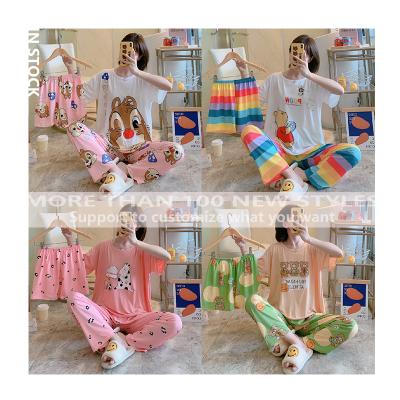 China Wholesale QUICK DRY Cozy Short Sleeve Pajamas Fabric Milk Silk Sleep Wear Pajamas Suit 3 Piece Loungewear Women Sets for sale