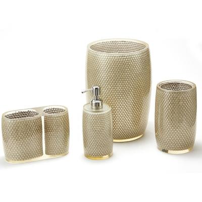 China Polyresin Sustainable Luxury Five Pieces Of Glass Bathroom Accessories Latest Complete Hotel Bathroom Set for sale