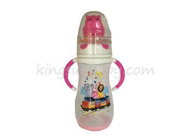 China Temperature Sensitive Plastic Feeding Baby Milk Bottle with Wide Neck Animal Rattle Cap for sale