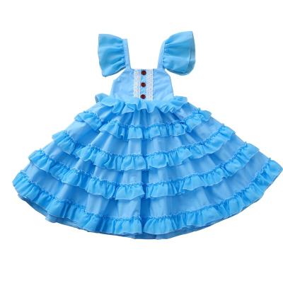 China wholesale Anti-wrinkle summer girls tie up princess party baby dresses Sweet Cake Layered blue suspender button dress maxis for sale