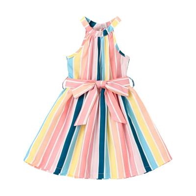 China wholesale Anti-wrinkle baby dress design girl dress off-shoulder rainbow stripe printing halter dress kids summer clothes dress for baby for sale