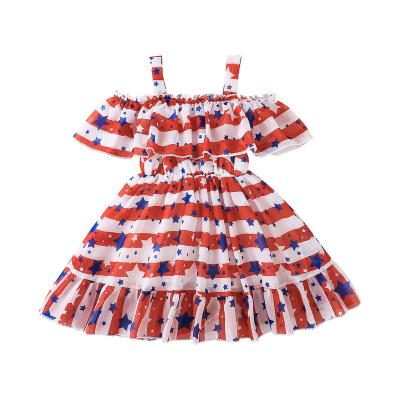 China wholesale Anti-wrinkle baby dress kids summer clothes 4th of July stripe star sleeveless printing off the shoulder dress little girl dress for sale