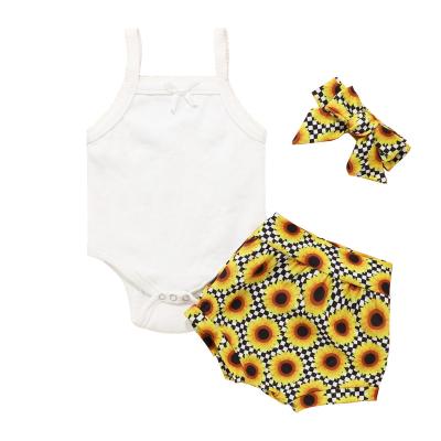 China Breathable wholesale baby clothes baby 2022 sleeveless cotton romper +sunflower shorts+headband print set newborn baby clothes for sale