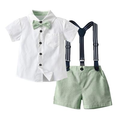 China Wholesale Breathable Baby Boy Kids Suits Summer Set Shirt With Bow Tie Suspender Shorts Formal Newborn Boys Clothes for sale