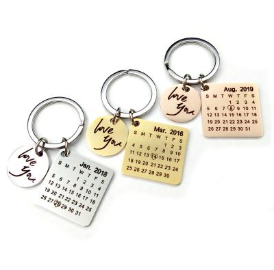 China Trendy Lovers Stainless Steel Keychain 40MM Tag Calendar Birthday Valentine's Day Memory Jewelry Gift Custom for sale