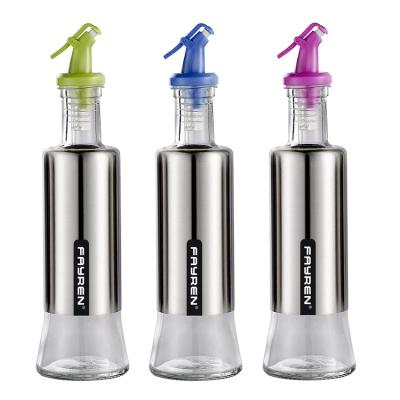 China Sauce Condiment Set Pourer Stainless Steel Spout Oil Vinegar Stocked Dispensing Glass Bottle Set For Kitchen for sale