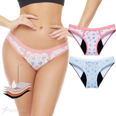 China Antibacterial OEM Printed Cute Small Size Teen Girls Heard Print Super Absorbent 4 Layer Leak Proof Cotton Period Panties For Teenagers for sale