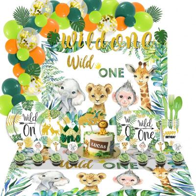 China New Year Jungle Theme Party Decoration Balloon Backkrop Tablecloth Wild Wild One One Banner For Kids Birthday Party Supplies for sale