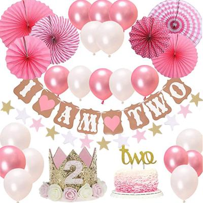 China New Year Baby 1st Birthday Party Balloon Set For 1 Year Old Girl With Hanging Happy Birthday Banner Pink Theme Decoration Kit for sale