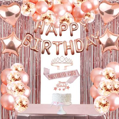 China Top Hot New Year Birthday Party Supplies Rose Gold Party Happy Birthday Banner Balloons Backdrop Birthday Girl Decorations Set for sale