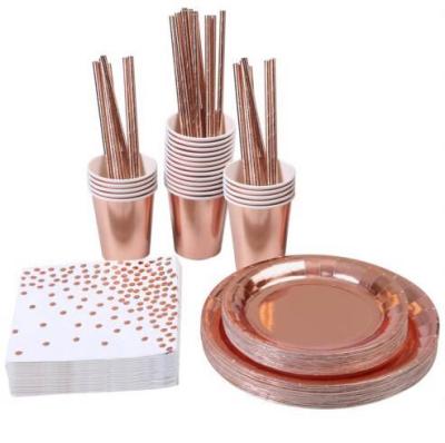 China New Year Rose Gold Birthday Party Tableware Set Supplies Disposable Paper Plate Cup Party Decorations Supplies for sale