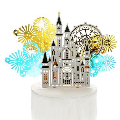 China New Year Cake Decorating Cake Topper White And Gold Castle Sparkles Fly Ferris Wheel Acrylic Cake Topper for sale