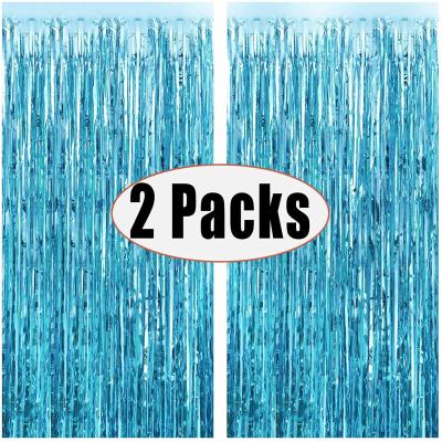 China New Year 2pcs 3ft x 8.3ft Light Blue Metallic Booth Props Tinsel Foil Fringe Photo Curtains for Birthday Wedding Engagement Bridal Shower for sale