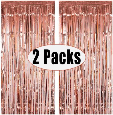 China New Year 2pcs 3ft x 8.3ft Rose Gold Metallic Fringe Curtains Photo Booth Tinsel Foil Props For Birthday Wedding Engagement Bridal Shower for sale