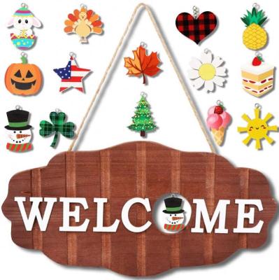 China Interchangeable Front Door Decor Rustic Wood Front Porch Halloween Christmas Easter New Year Welcome Sign Home Seasonal Decorations for sale