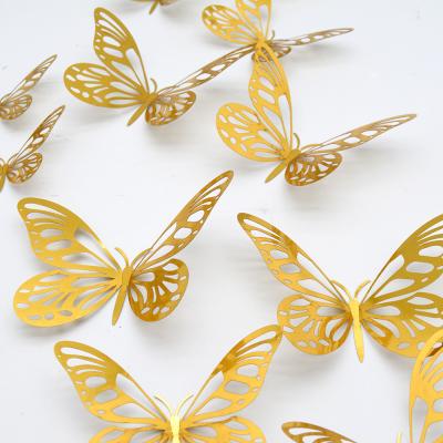 China New Year 12 pcs/package gold color 3D cavity butterfly decor wall sticker set for wedding party decoration room decor for sale