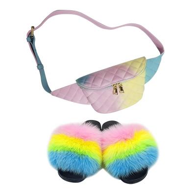 China Fashion trend factory wholesale home raccoon and fox logo full cover fur custom made slippers for purse set for sale